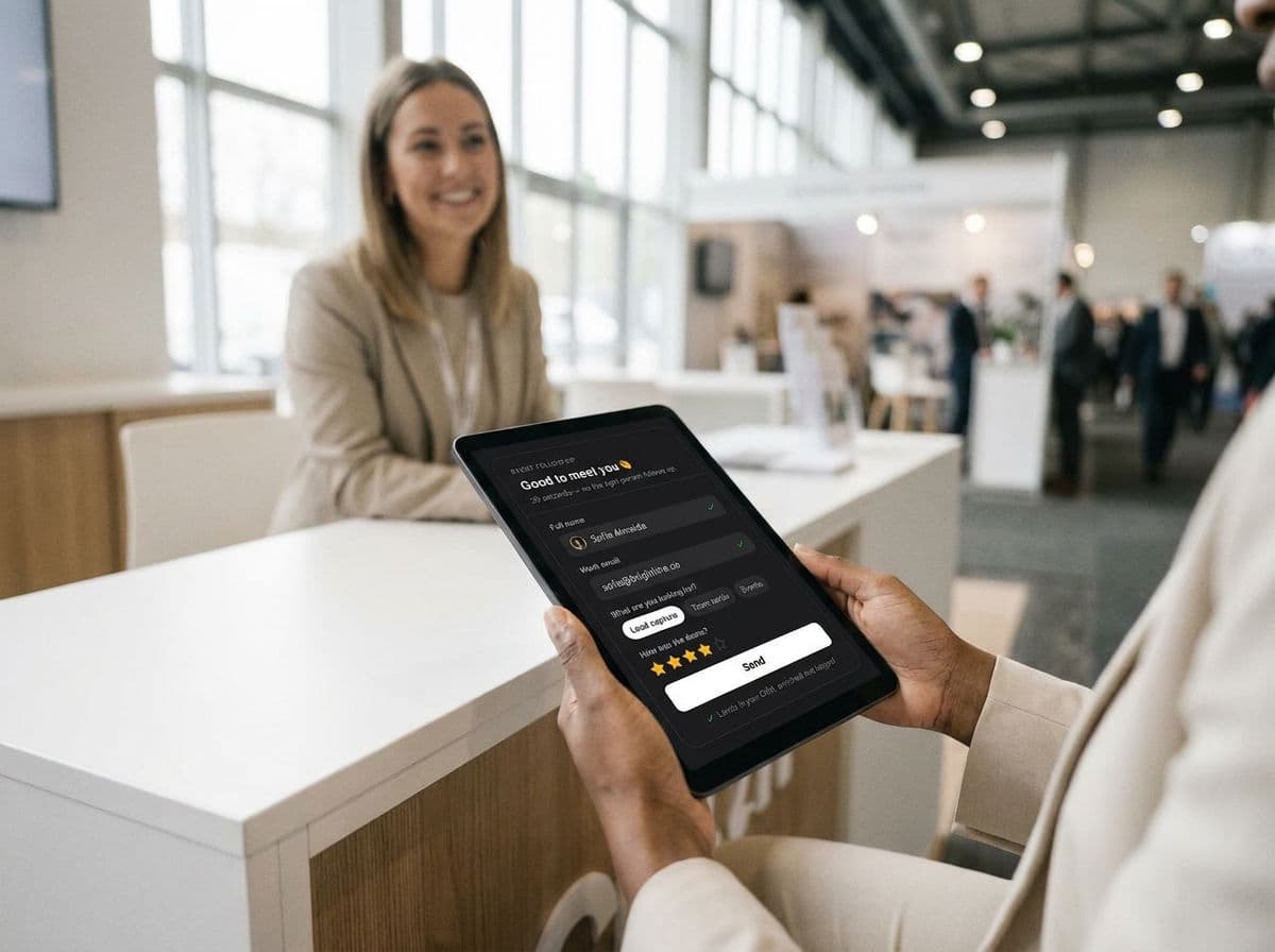 A visitor completing a filled-out Titan follow-up form on a tablet at an exhibition stand
