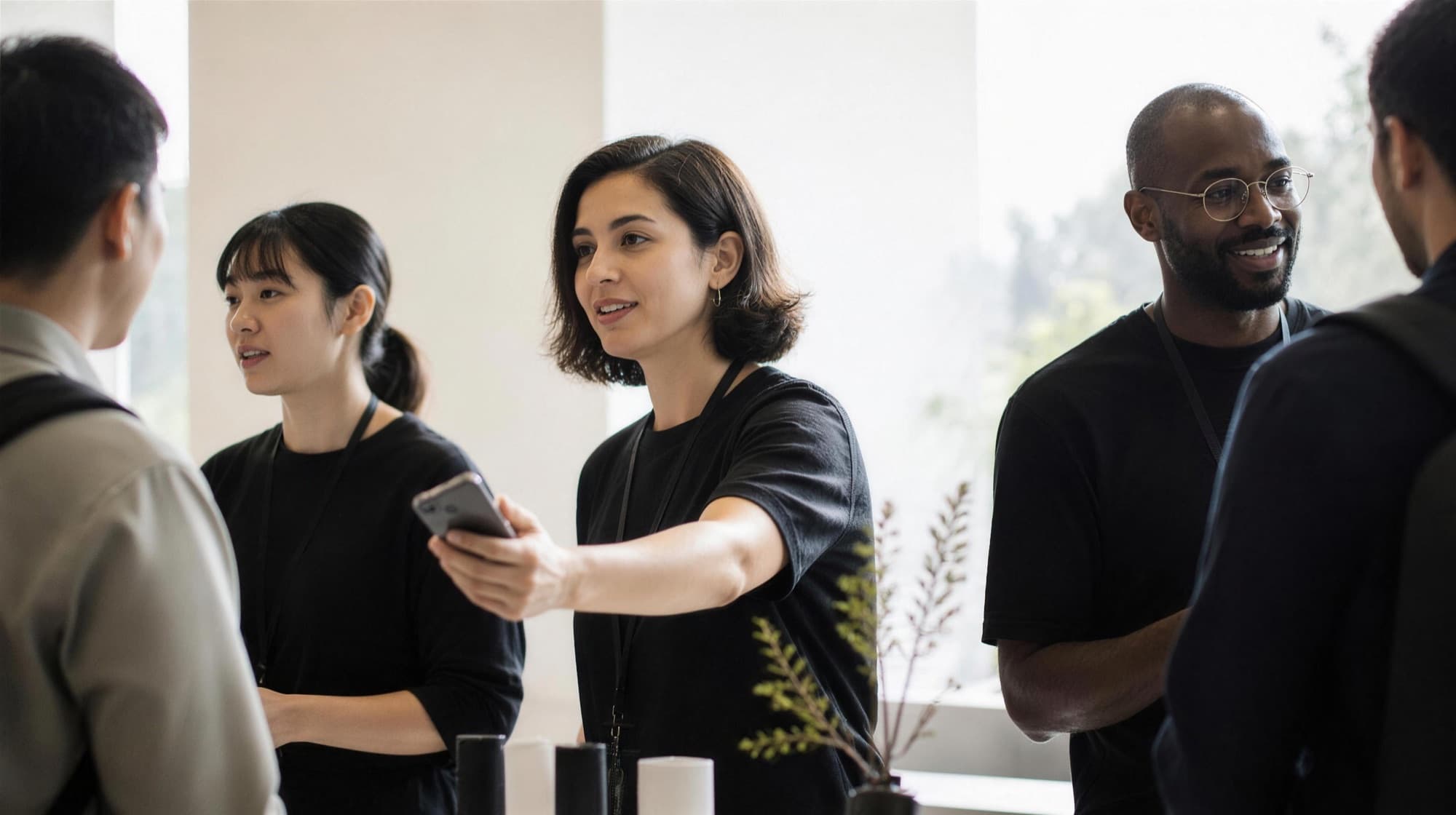 A team sharing contact details with visitors at an event stand